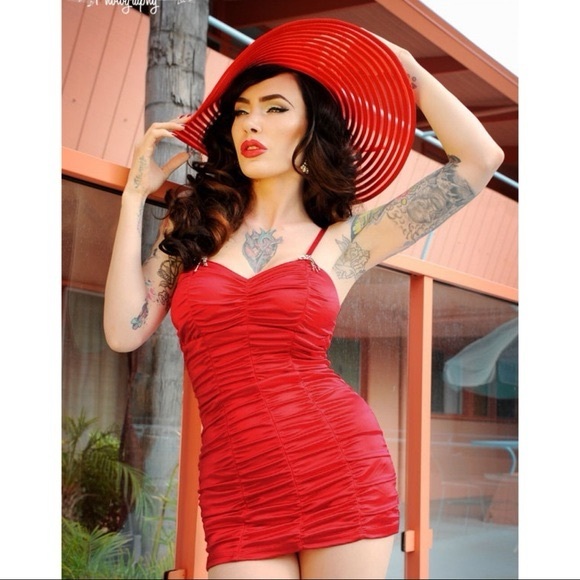 Small-Pinup Couture Satin Marilyn Red One Piece Swimsuit - Picture 1 of 9